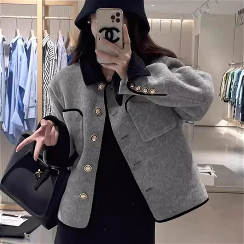2025ฤดูใบไม้ร่วง/ฤดูหนาวใหม่ลมหอมขนาดเล็กสองด้านCashmere Coatผู้หญิงสั้นปุ่มทองภาษาฝรั่งเศสคําสีเทาเสื้อขนสัตว์หญิง