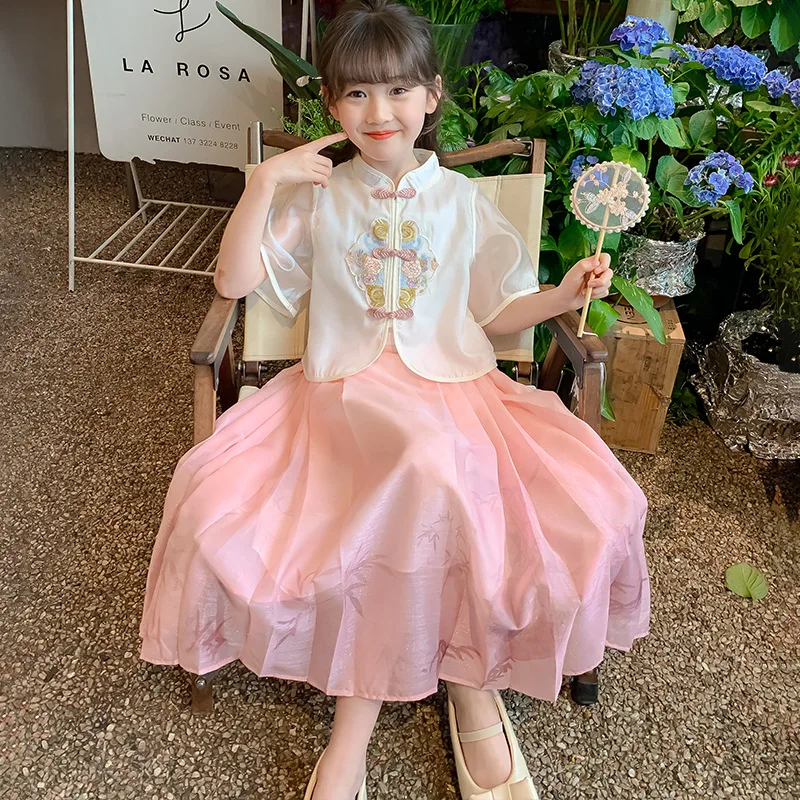 

Girls Short Sleeved Dress 2025 Summer New Style Children Chinese Style Weaving Buttons Summer Dress Girls Princess Dress Set