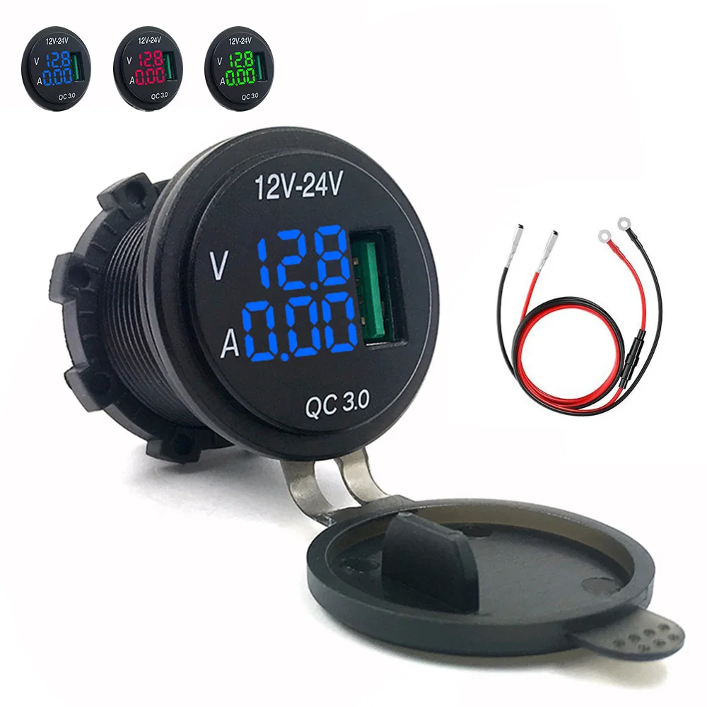 QC 3.0 DC12V-24V Digital Voltmeter Ammeter Voltage Monitor with USB Charger for Car Boat Marine Caravan