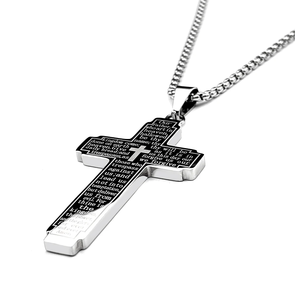 Christliche Bibel-Kreuzkette Halskette aus Edelstahl mit großem Anhänger, religiöser Gebetsschmuck für Männer, Corrente Masculina – Detail 9