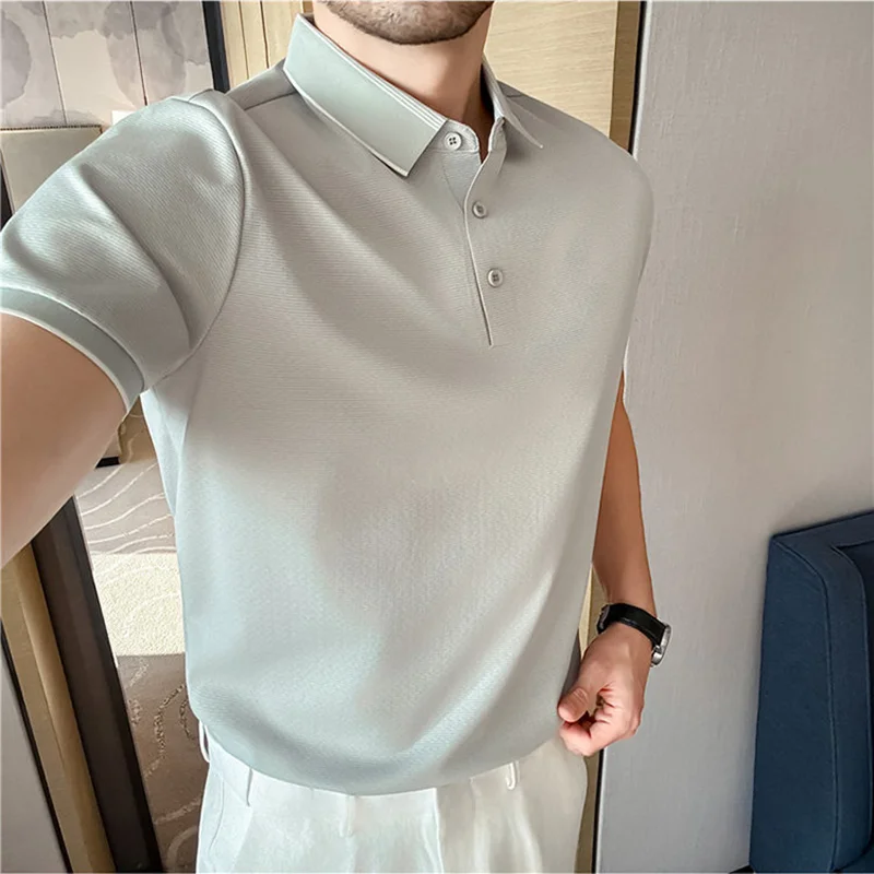 Summer Ice Silk Seamless Polo Shirts 2026 New Men's Casual Business Versatile Short Sleeved Breathable Cotton T-shirt Top