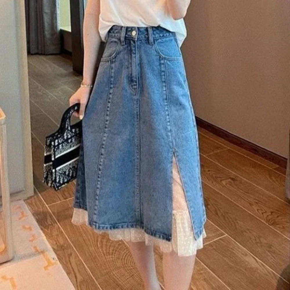 

With Slit Lace Splicing Woman Denim Skirt Y2k Vintage Premium New In Streetwear Chic and Elegant Modest Jeans Skirts for Women