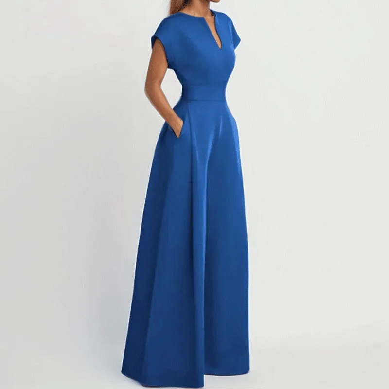 For Woman High Quality V Neck High Waist Maxi Length Solid Color Wide Leg Jumpsuit with Front Slit & Pockets – Black, Emerald