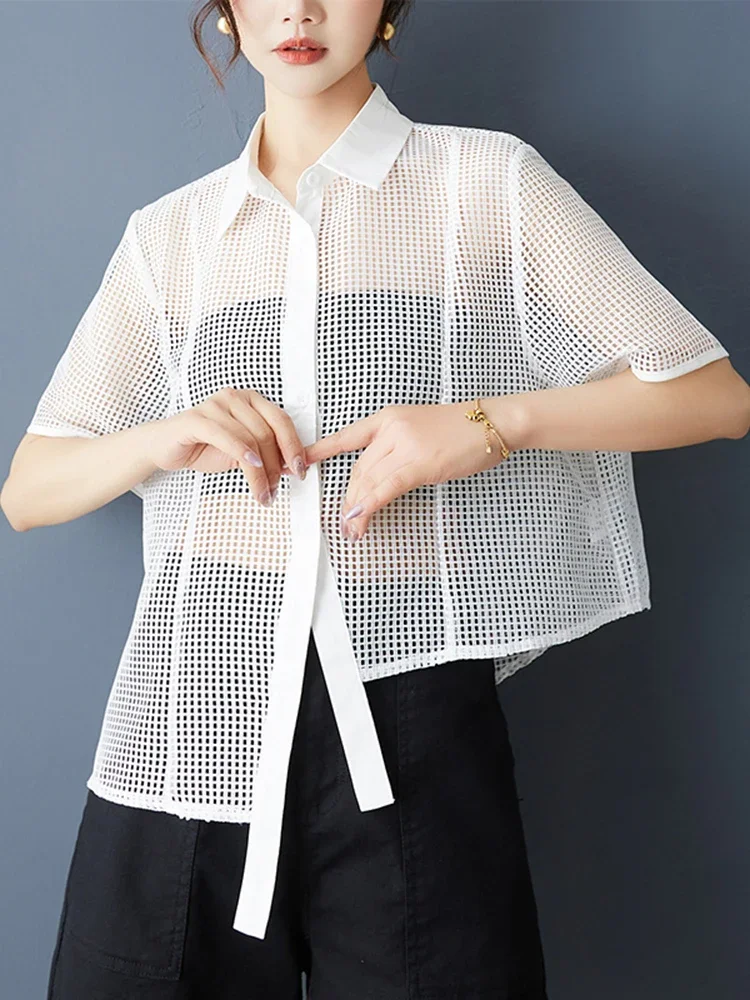 XITAO Hollow Out Irregular Women Blouse Short Sleeve Casual Loose Turn-down Collar Solid Color Summer Female Shirts ZMY1222 view 4