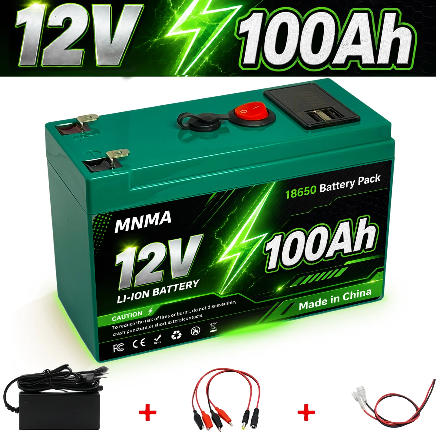 12V Lithium Battery 100Ah 18650 Rechargeable LiFePO4 Battery for Solar Energy Electric Vehicle Battery+12.6V 3A Charger