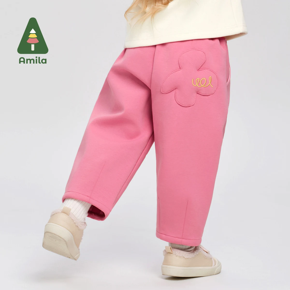 Amila Baby Casual Pants 2024 Winter New Girls Solid Color Printing Warm Soft Loose comfortable Casual Children‘s Trousers