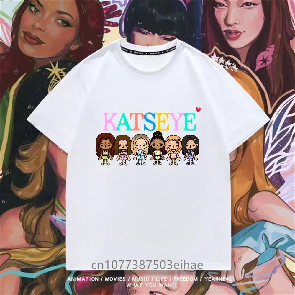Loose Katseye Group Printed T Shirt Unisex Short Sleeve Boys Girls Megan Yunchae Sofia Lara Daily Hip Hop Street Trend Clothes
