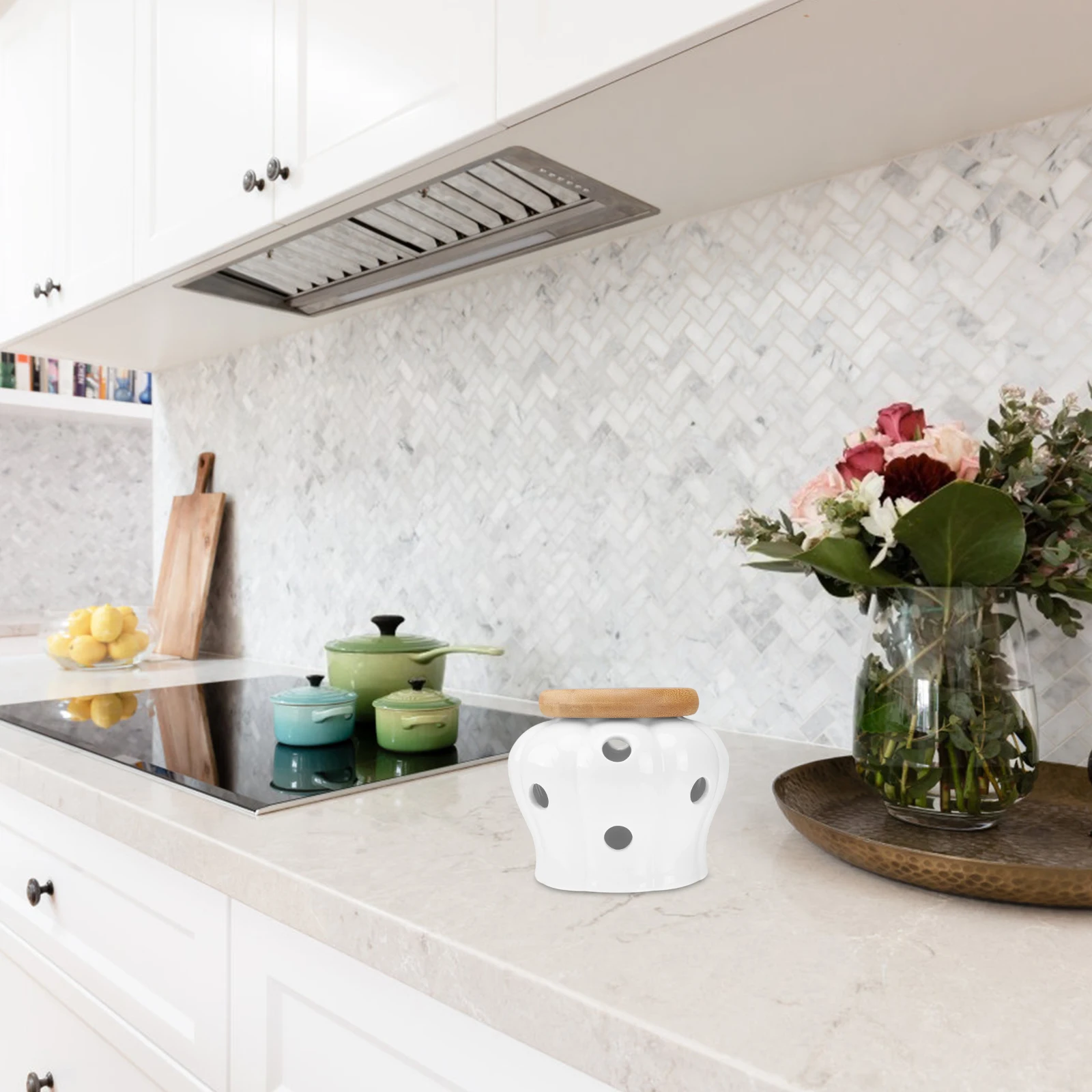 

Ceramic Garlic Jar 12 Air Vents Bamboo Lid Cool Dry Containers Kitchen Canisters Easy Clean Dishwasher Safe