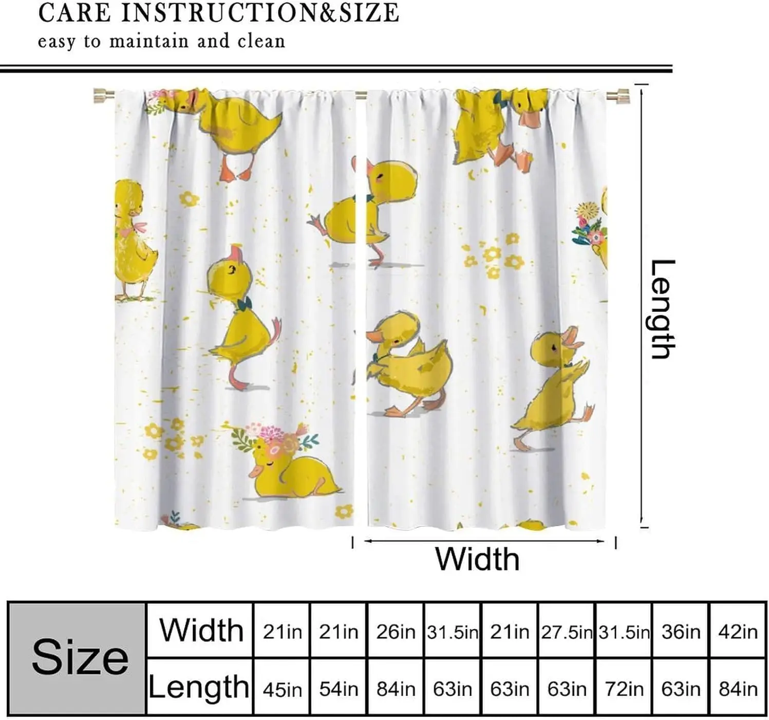 Cute Yellow Duck Pattern Curtains Nursery Room Window Panels Polyester Floral Watercolour Chicks Home Decor Drapes for Kids Girl