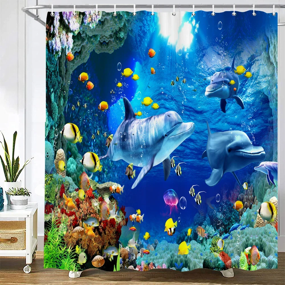 

Милые занавески для душа с рисунками дельфинов, водонепроницаемая занавеска для ванной комнаты, 3d морская жизнь с крючками, большой размер 240*180 см, экран для ванны
