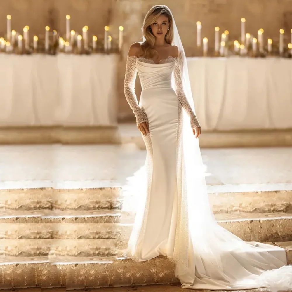 Vestido de casamento cetim lantejoulas para senhoras, vestido de noiva simples e elegante, vestido personalizado fora do ombro, adequado para ocasiões formais, moda