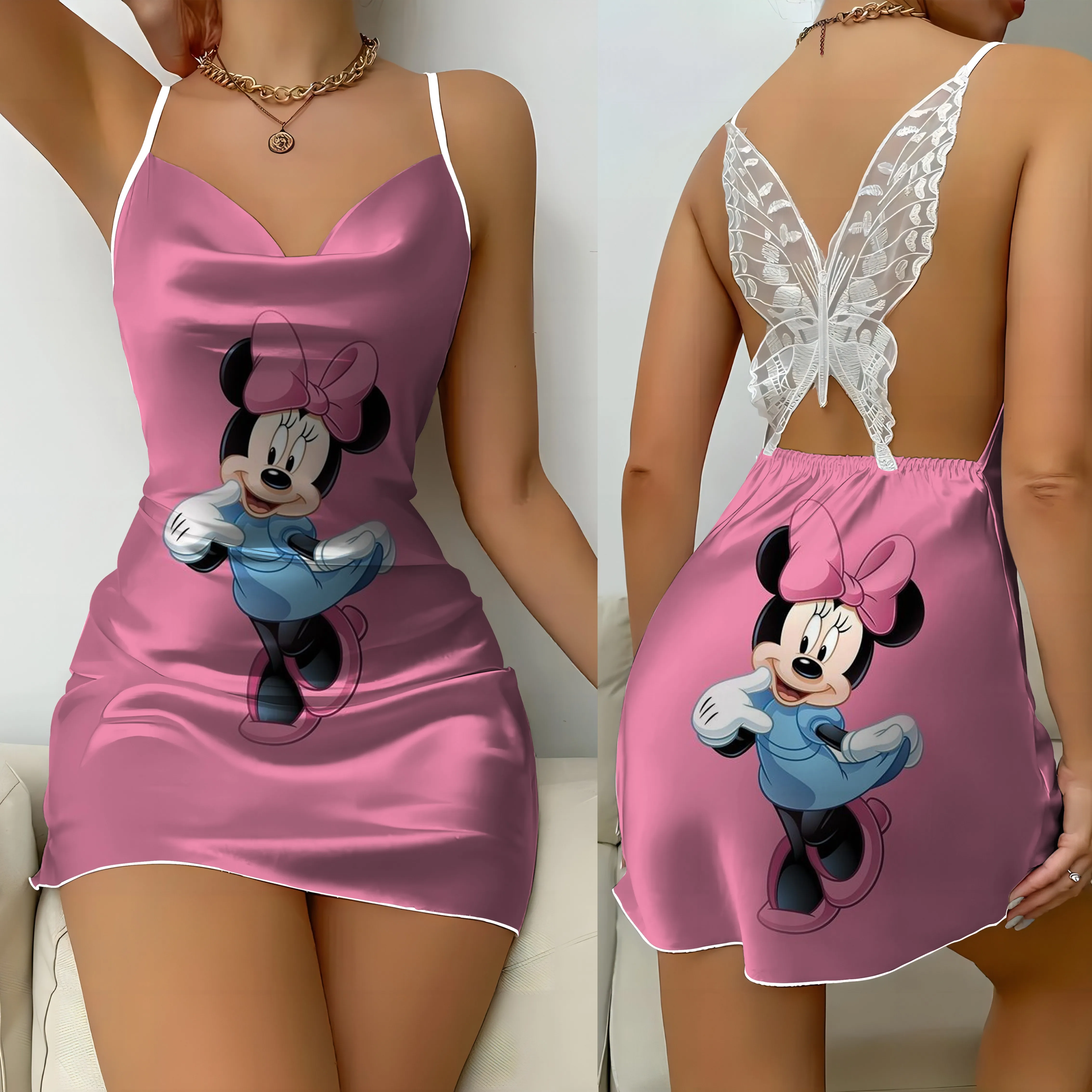 Satin Oberfläche Mode Sommerkleider Bogen Knoten Pyjama Rock Disney Mini kleid Mickey Minnie Maus Frauen Party sexy Spitze