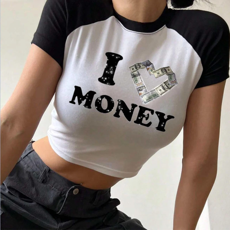 I Love Money Y2k 핫 걸 여성 크롭 탑, 프린트 짧은 래글런 소매, O-넥 베이비 티셔츠