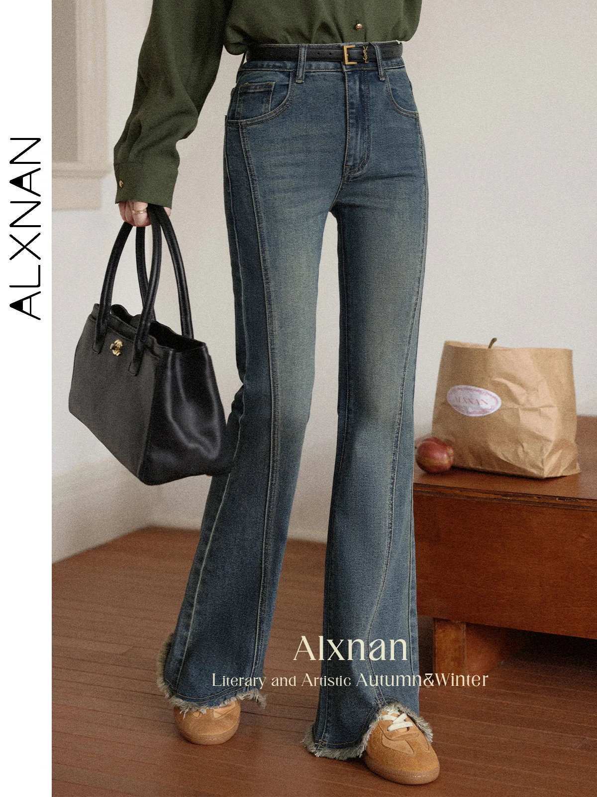 

ALXNAN Women's Jeans Vintage Blue Micro-lapped Split Cotton Jeans 2025 Autumn High-waist Straight Elegant Casual Pants L56815