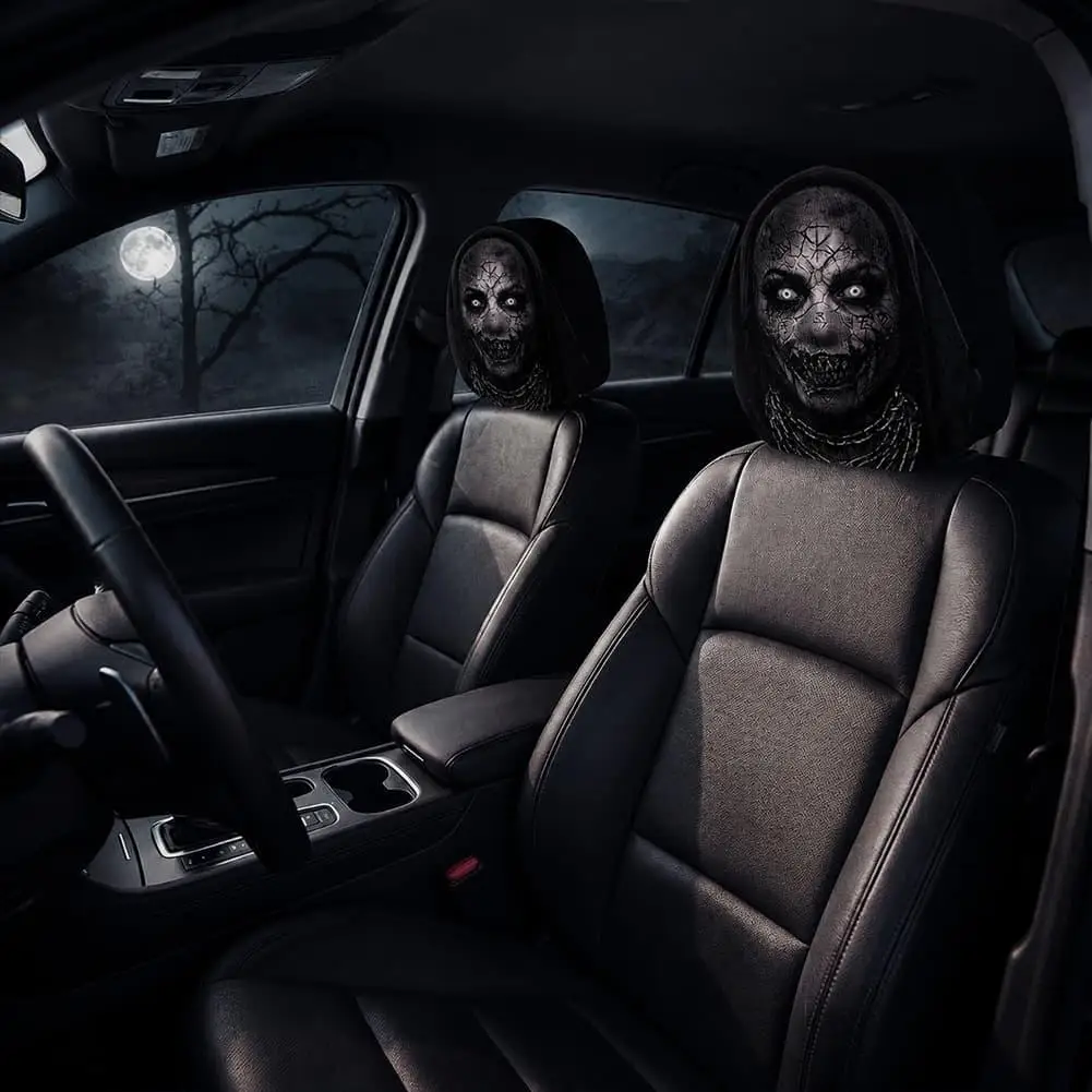 2Pcs Spooky Zombie Ghost Print Car Headrest Covers 2D flat Universal Auto Seat Head Rest Protector Halloween Car Accessory