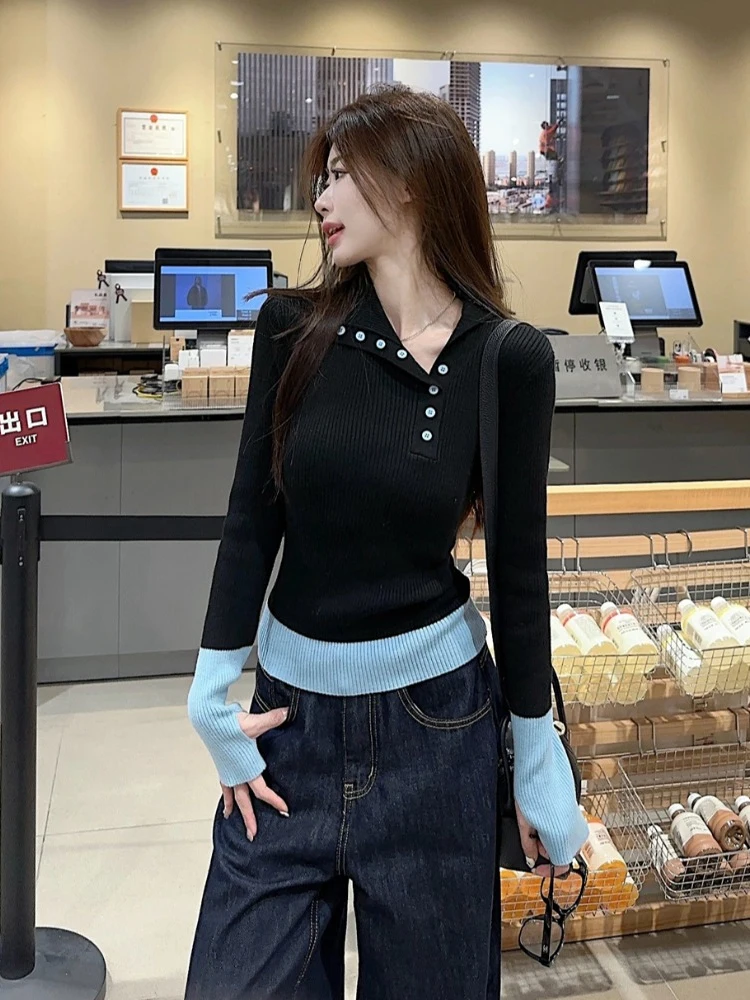 

Design sense contrasting color lapel collar knitted sweater women's autumn and winter slim fit unique Korean style top