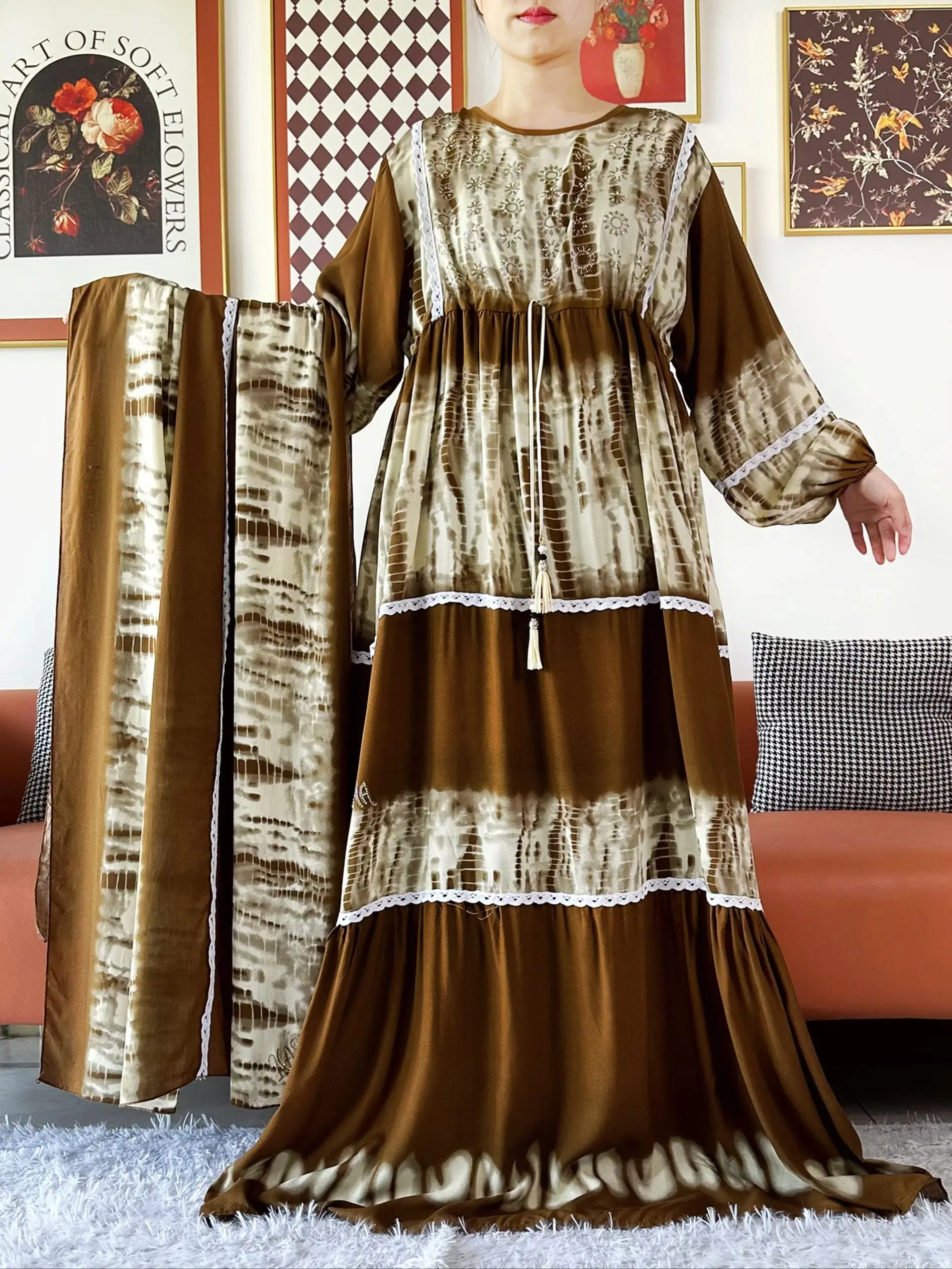 High Grade Design Dubai Frauen Abaya Langarm Herbst Kleid Baumwolle Mit Großen Schal Boubou Maxi Islam Frauen Kleid Afrikanische Abaya
