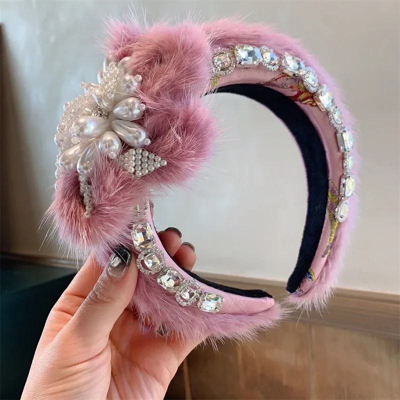 Women Luxury Winter Black Green White Blue Fur Headbands High Quality Padded Hair Band Lady Fashion Hair Hoop Furry Gift