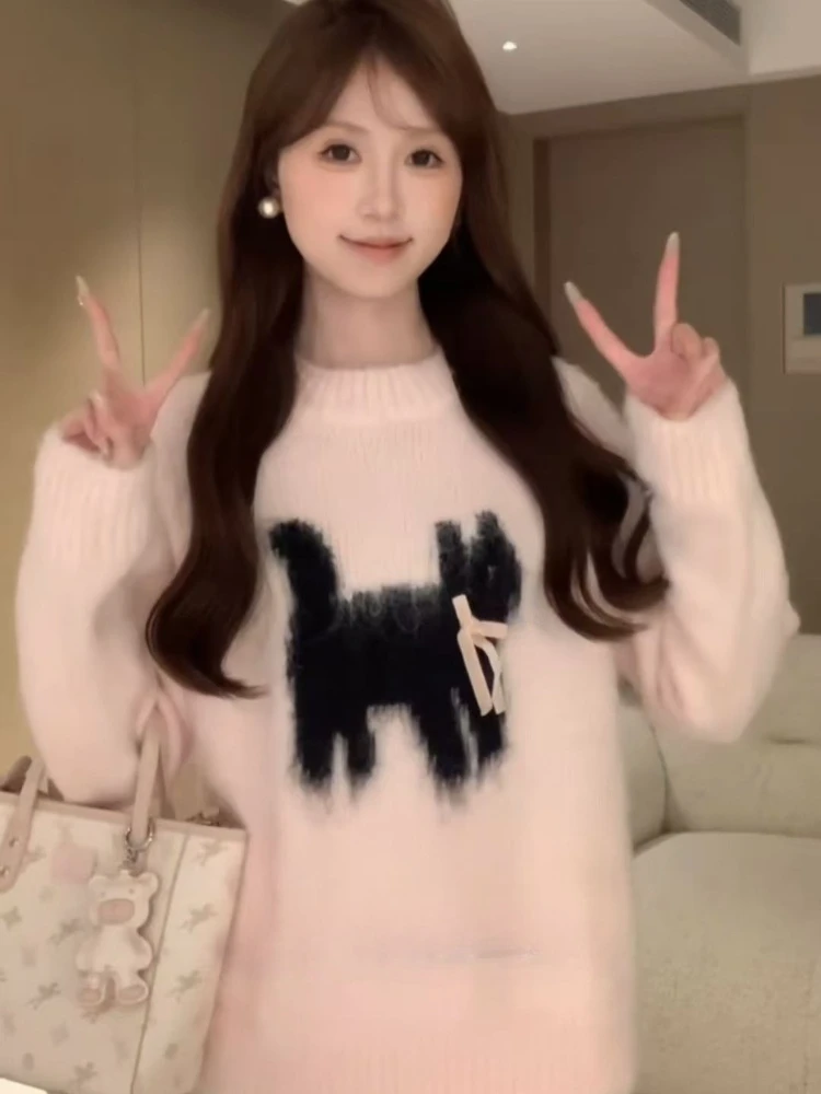 

Y2k милый свитер с длинными рукавами, женский повседневный трикотаж с рисунком кота и вышивкой, пуловер, весна-осень, тонкий, Новое поступление 2025, новое поступление