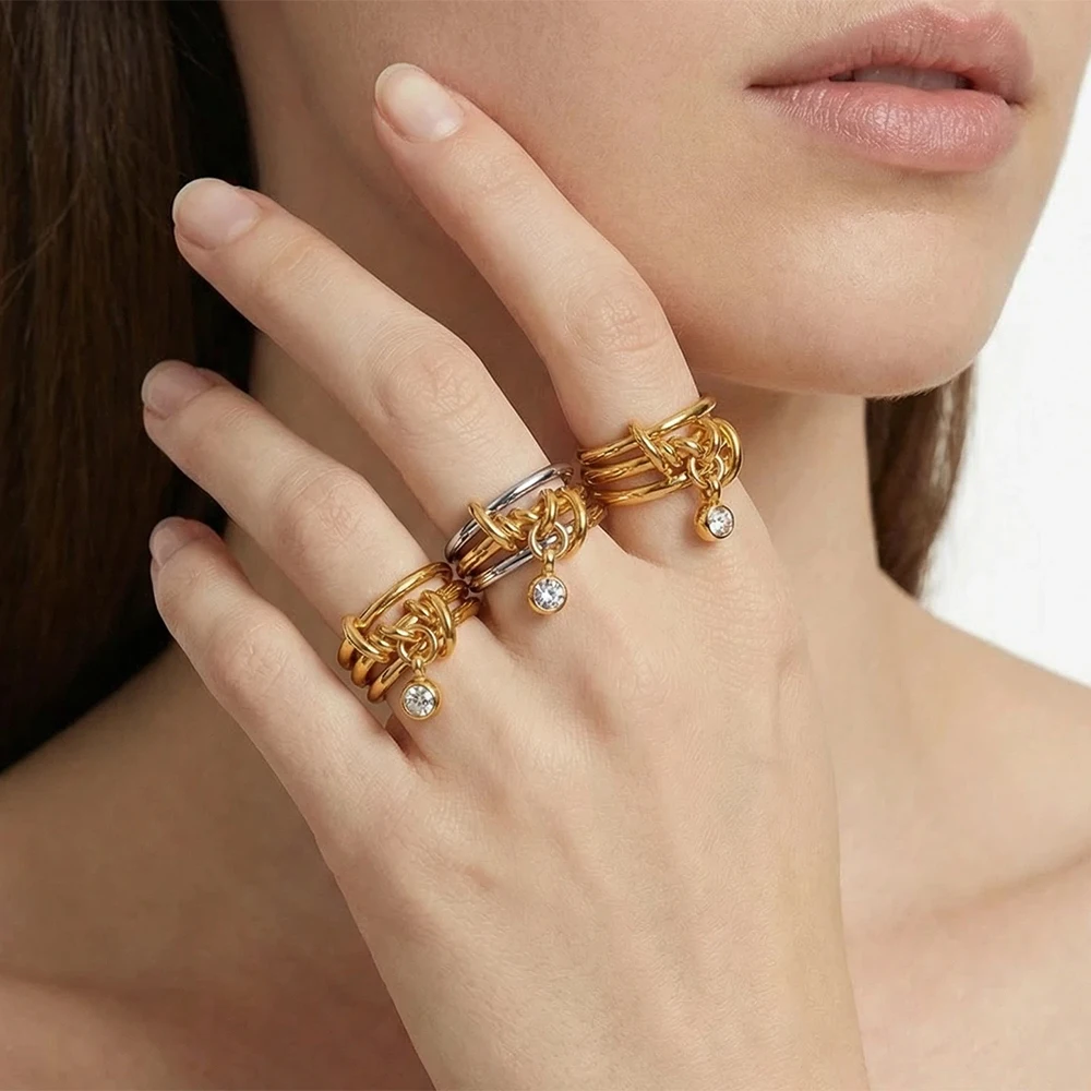 INS 18K Gold Plated Stainless Steel Cubic Zirconia Pendant Three Finger Stacking Ring Distinctive Waterproof Jewelry Accessories