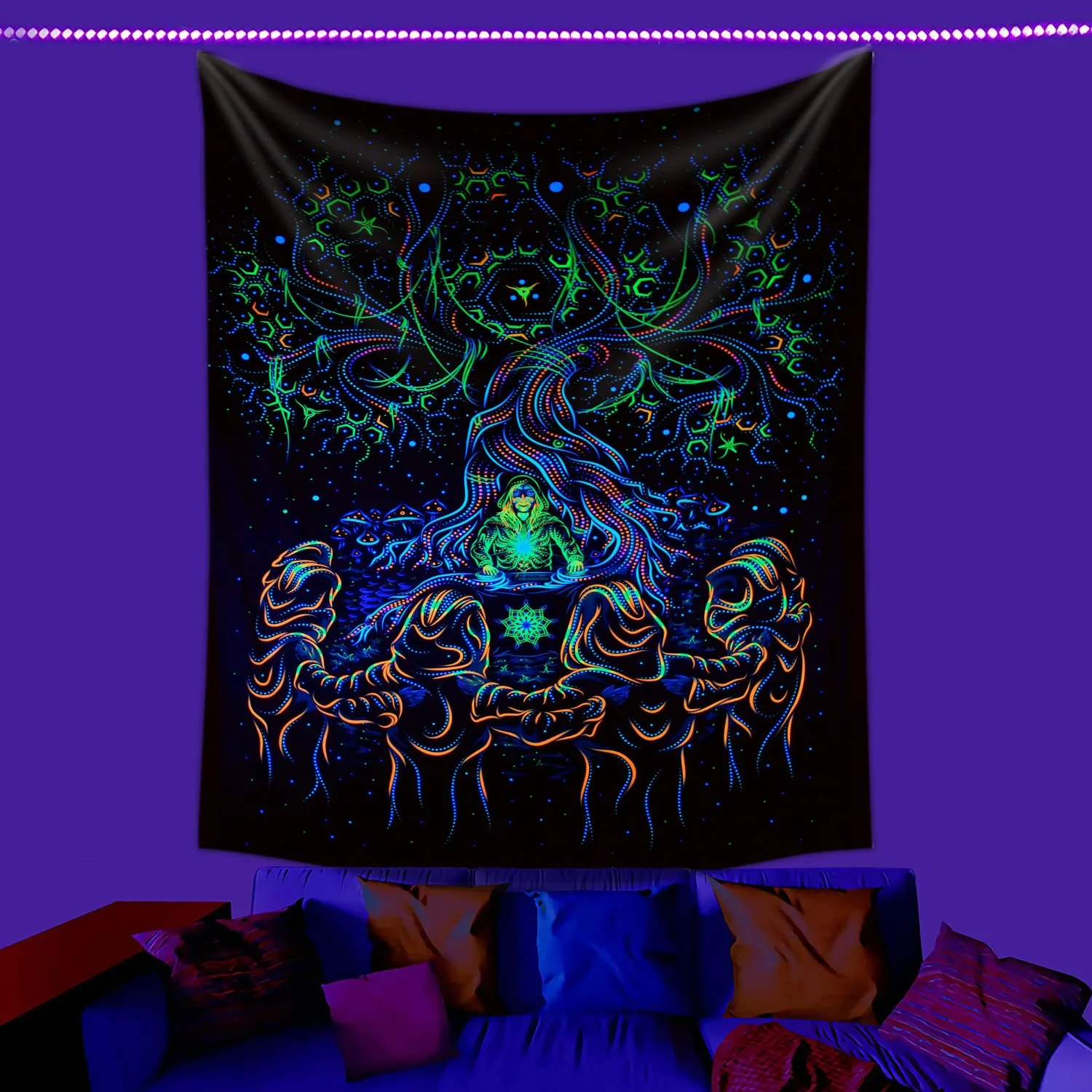 

UV Reactive Blacklight Tapestry Psychedelic Neon Abstract Face 2D Flat Printed Peach Skin Wall Cloth Bedroom Dormitory Decor