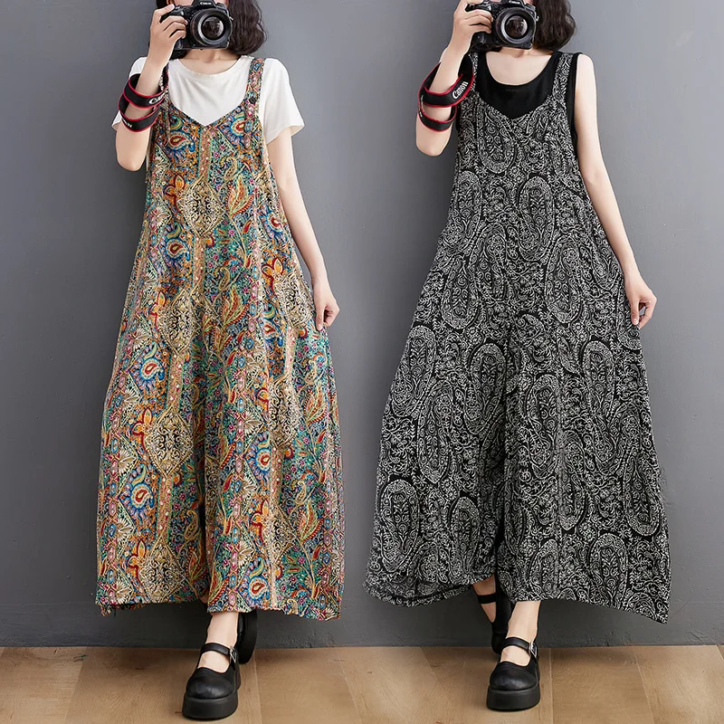 

Summer New Retro Ethnic Style Overall For Women Thin Wide Leg Breathable Causal Loose Chic Floral Pattern Lady Rompers Trousers