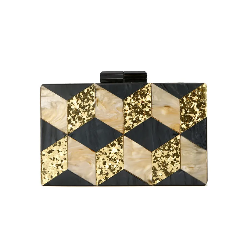 

Lady Female Mini Handbag Black Golden Glitter Plaid Acrylic Evening Clutch Purse Luxury Wedding Party Dinner Chain Shoulder Bag
