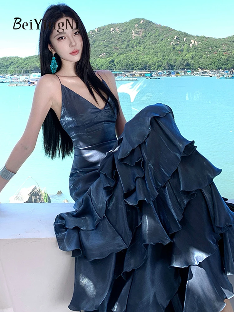 Beiyingni French Party Spaghetti Strap Dresses for Women Ruffles Tiered Luxury High-end Long Maxi Dress Female Evening Vestidos