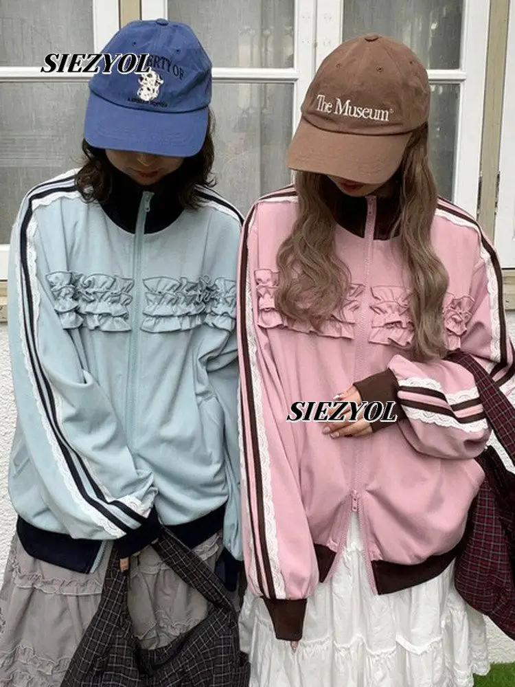 Stand Collar Zipper Fungus Edge Pleated Color Matching Coat Sweet Girl Versatile Japanese Style Long Sleeves Clothes Jacket