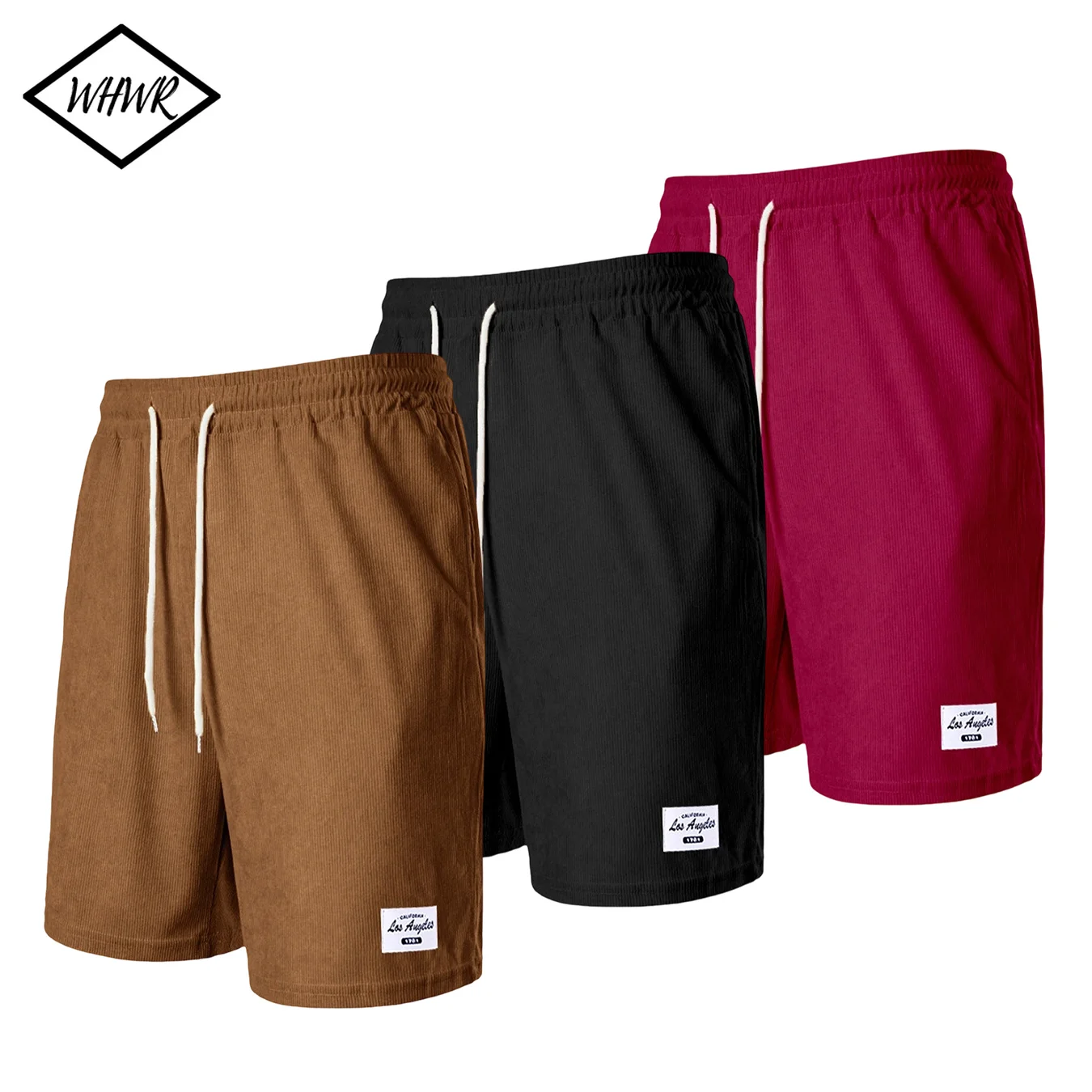 Men Corduroy Striped Shorts Elastic Waist Drawstring Knee Length Shorts Label Decor Loose Casual 5 Points Shorts