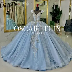 Light Blue Crystal Diamonds Ball Gown Quinceanera Dresses Off The Shoulder Sequined Appliques Lace Corset Vestido De 15 Anos