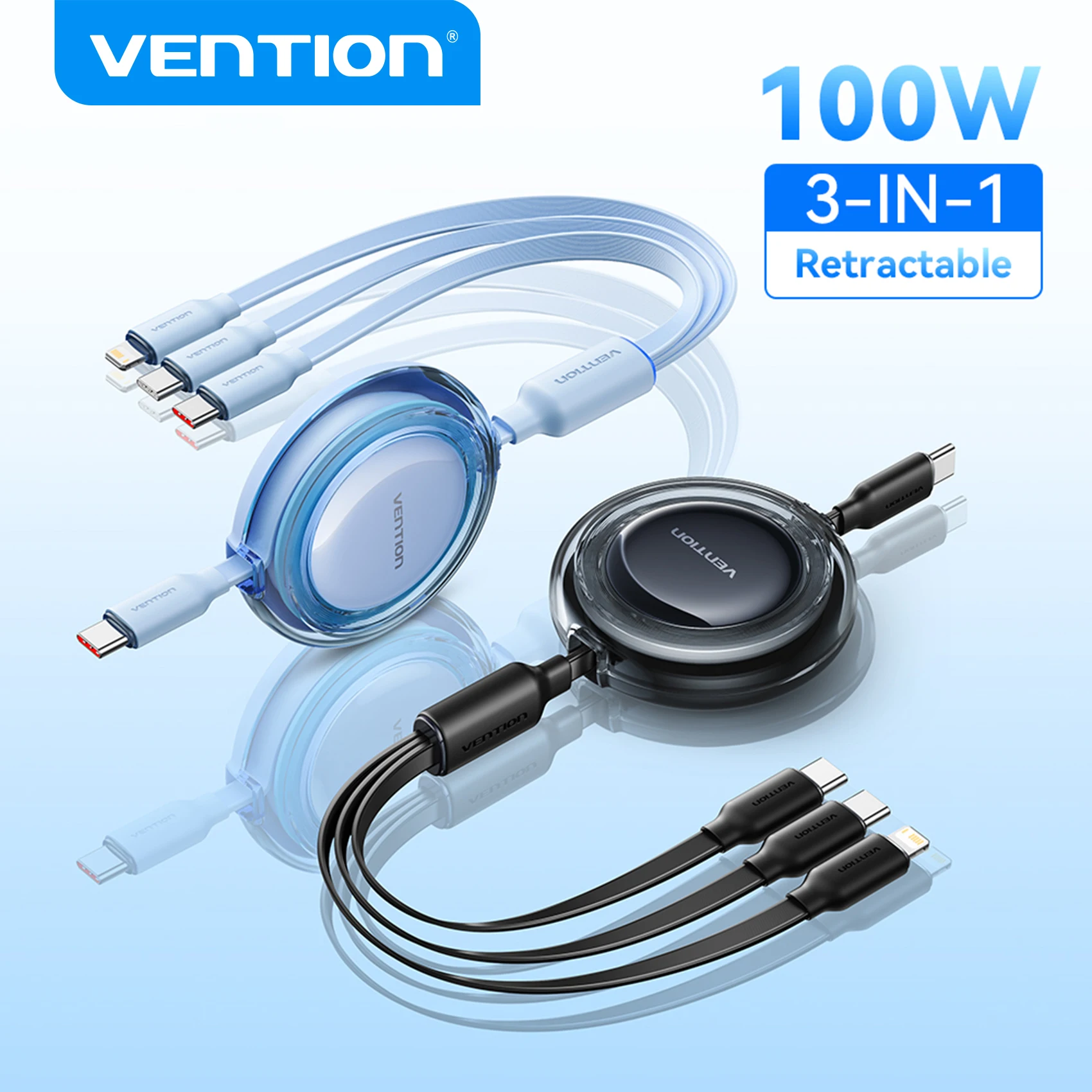 

Vention 100 Вт USB C Тип C Кабель 3 в 1 Выдвижной кабель USB C Шнур для быстрой зарядки для iPhone 16 15 Macbook Портативный провод типа C