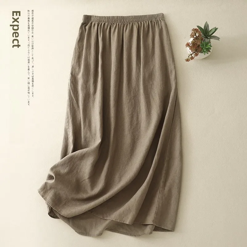 

Pure Linen Elastic Waist Midi A-Line Skirt Simple Vintage f-length Skirt Japanese Sle Summer New Arrival Women's Skirt