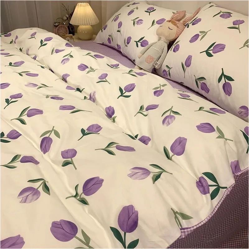 

Ins Purple Tulip Duvet Cover With Pillow Case American Style Literature and Art Bed Sheet Girls Bedding Set King Queen Size