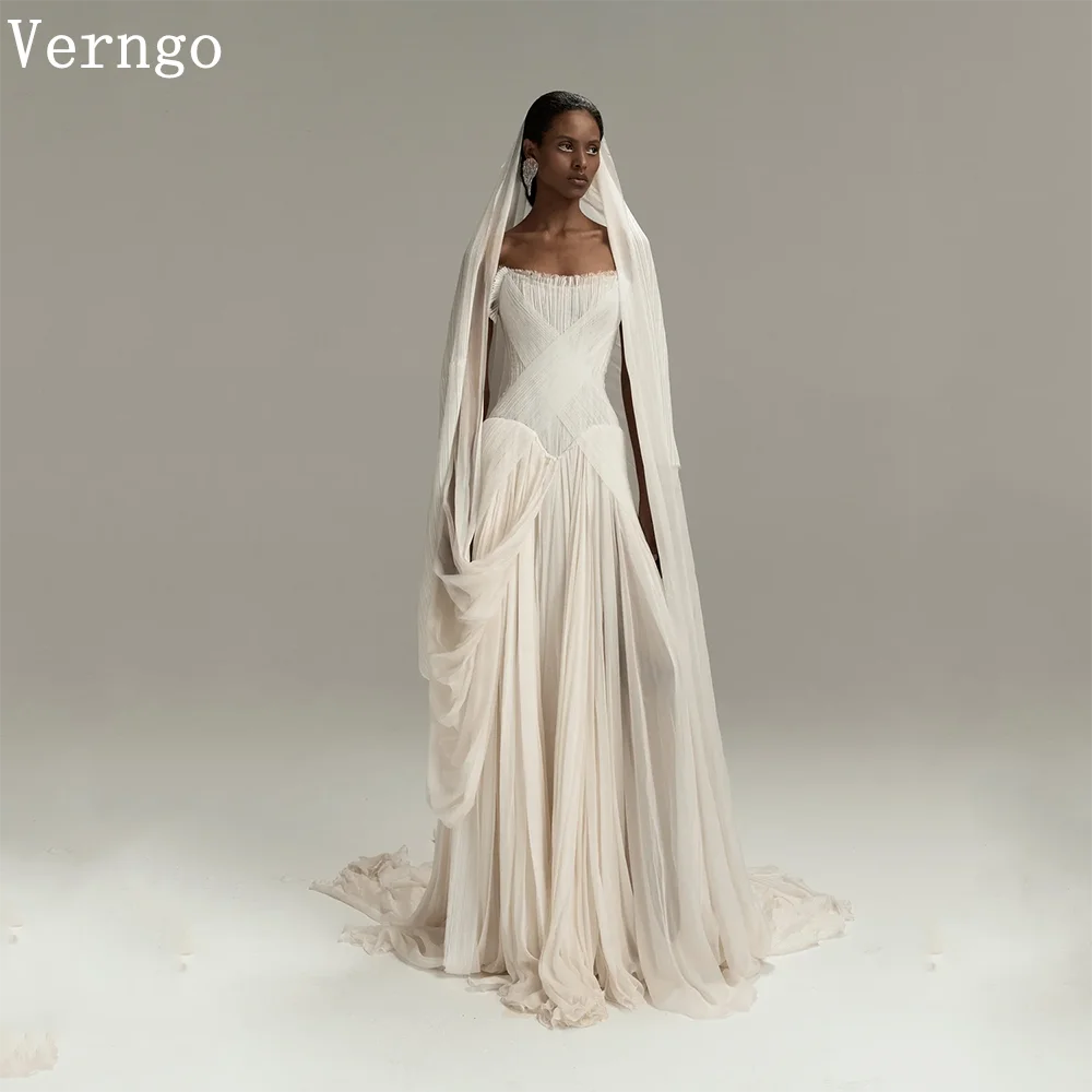 

Verngo Elegant Flowy Pleated Wedding Dress Strapless Chiffon Drpted Minimalist Bride Dresses Lace Up Maxi Bridal Gowns Custmized