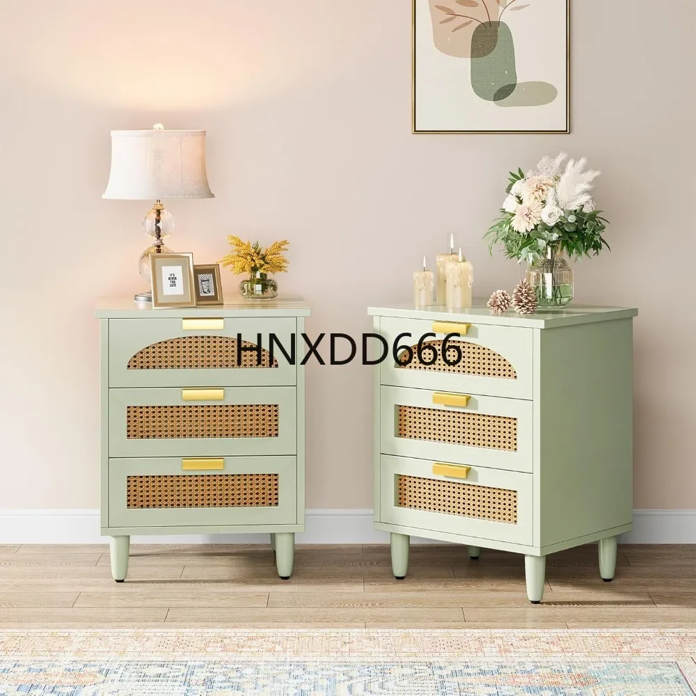 Mint Green Nightstand, 3-Drawer Rattan Stand Side Table, Accent End Table, Easy Assembly (2, Green), Nightstands
