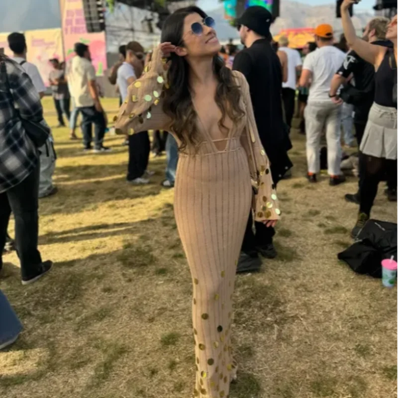 

Shinny Sequin Knitted Maxi Dress Deep V-Neck See Though Lace Up High Waist Long Robes 2025 Autumn Lady Party Club Clothing