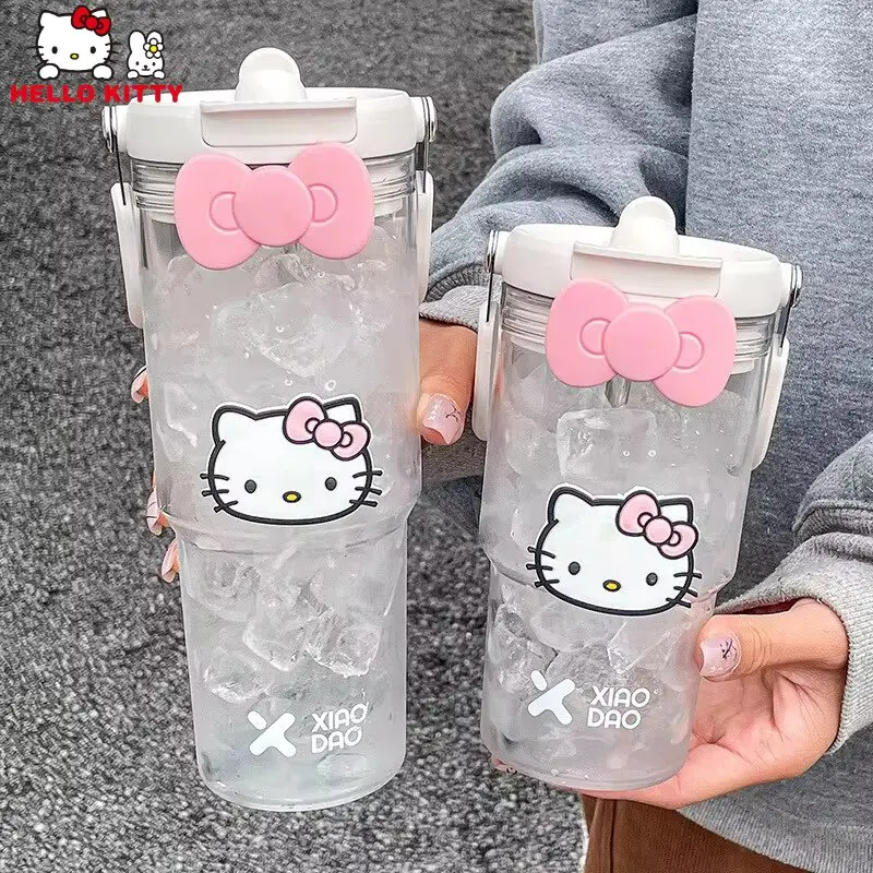 

900ML Sanrio Hello Kitty Large Capacity Plastic Water Cup Cartoon Portable Beverage Bottle Outdoor Fitness Sports Straw Cup