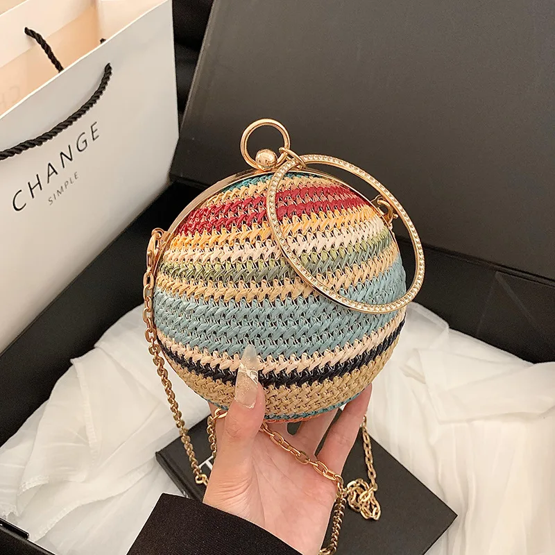 

Rainbow Woven Straw Sphere Bag Bohemian Handmade Crossbody Circle Purse