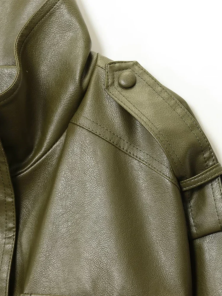 

Women's clothing versatile imitation leather stand collar long sleeve short jacket European and American style autumn new