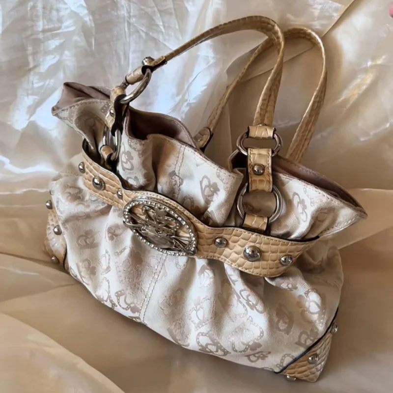 Ретро-сумка Y2K с заклепками, женская брендовая сумка через плечо с пряжкой, вместительная повседневная сумка-тоут из холста для хранения вещей