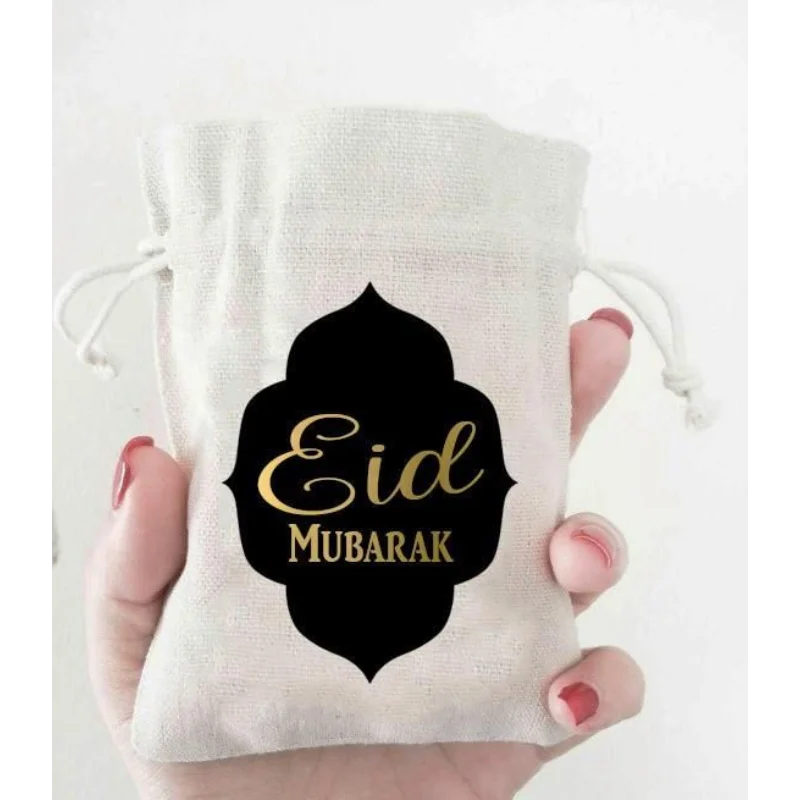 5pcs 4x6in Coton Ramadan Goodie Bags Islamic Muslim Gift Eidie Pattern for Wrapping Treat Party Eid Mubarak Candy Jewelry Bags