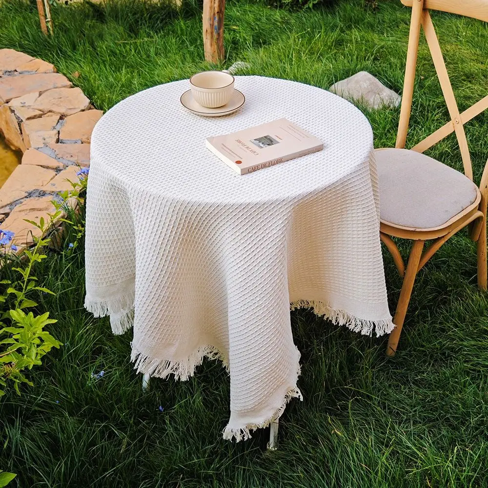 Multi-purpose Garden Table Cloth Waffle Texture White Round Table Tablecloth Tassel Solid Color Dinner Tea Table Covers