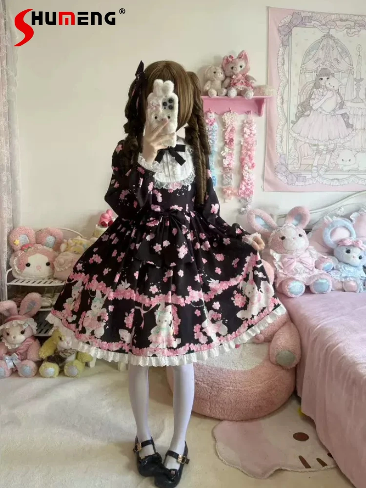

Original Japanese Sweet Cute Princess OP Dress Lace Doll Collar Long Sleeve Bow Cartoon Print Kawaii Lolita Party Dress Women