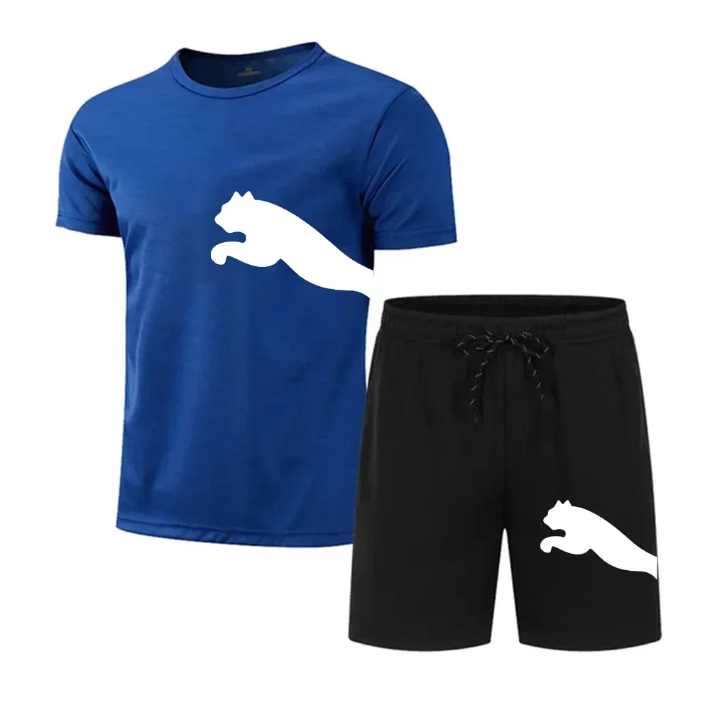 

2024 Summer Fashion Animal Print Men's Short sleeved T-shirt Sports Shirt Two piece Set for Leisure Fitness Sports Running Set