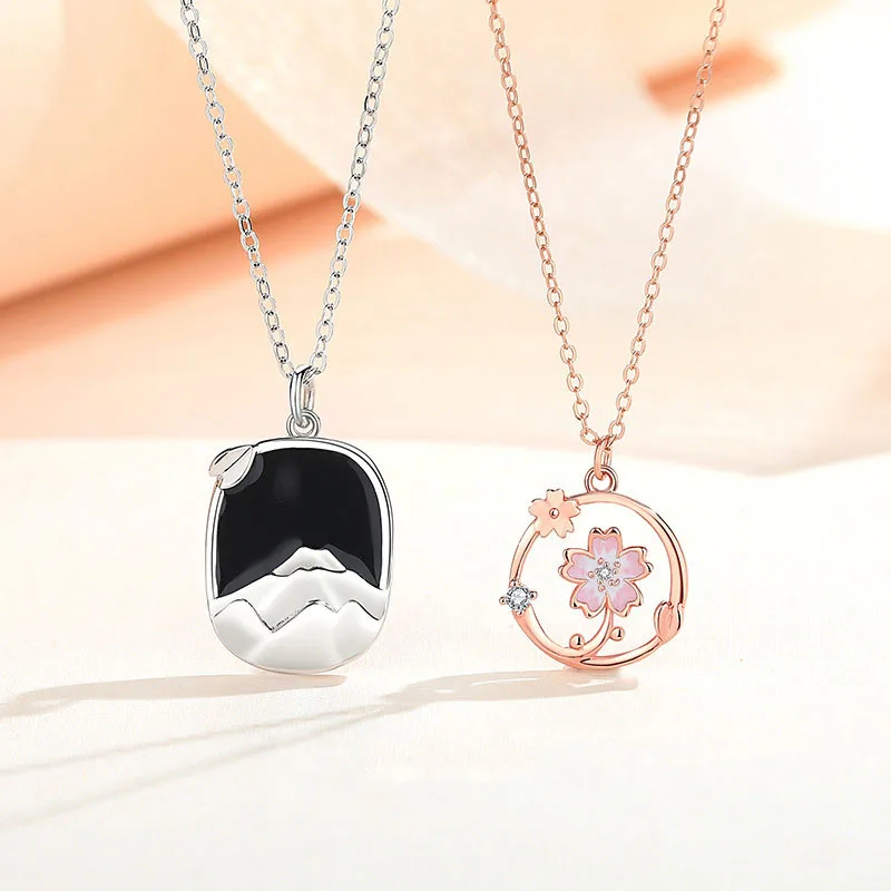 KOFSAC Fuji Mountain Cherry Blossom Couple Necklace Fashion Pink Flower Pendant Simple Square Collar Chain 925 Silver Jewelry