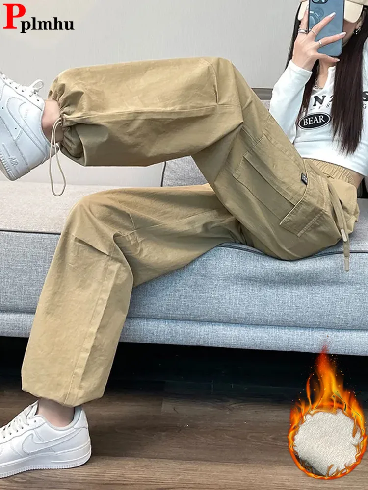 

Add Velvet Lace Up Cargo Pant Casual Thicken Snow Wear Jogger Pantalons Retro Fashion Baggy High Waist Women Streetwear Spodniea