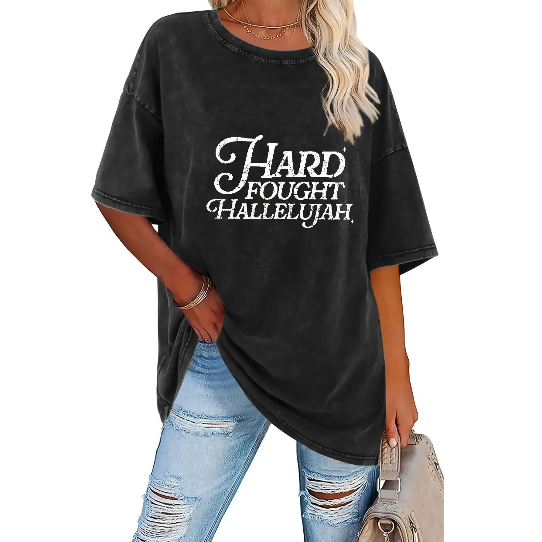 

Women'S Vintage-Inspired "Hard Fought Hallelujah" Graphic Tee - Thick, Round Neck Short Sleeve, Relaxed Fit Casual Top For Spri