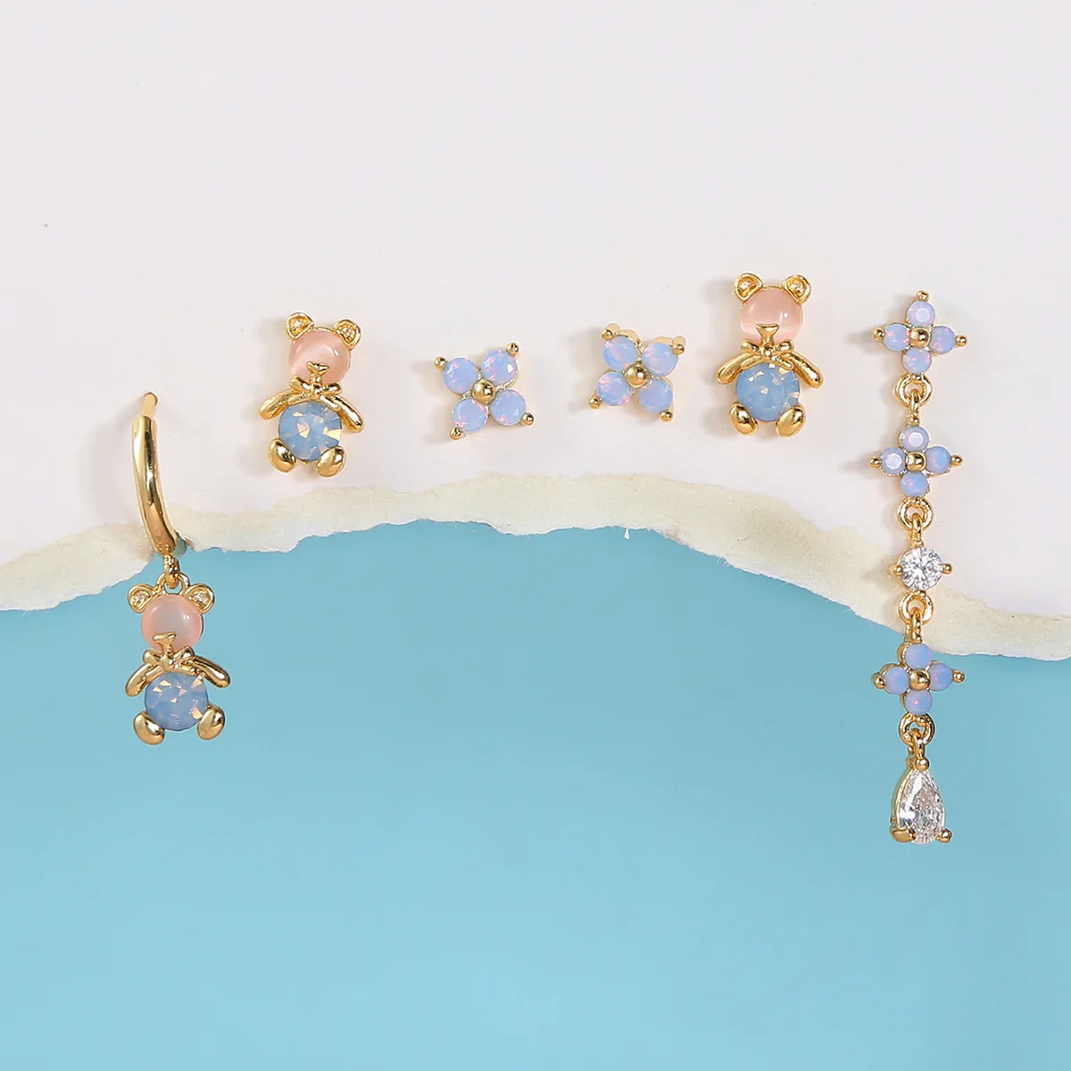 

New ins Vintage Exquisite Bear Earring Gold-plated Blue Flower Zircon Stud Earrings Set For Women Girls Fashion Jewelry Gift