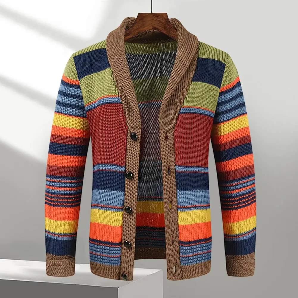 Single-breasted Men Sweater Stylish Men's Knitted Color Matching Striped Cardigan Loose Fit Long Sleeve Lapel for Fall/winter